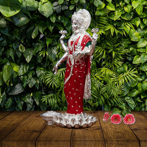 Divine Studio Pure Silver Plated Red & Green Dhan Laxmi Murti for Goodness, Beautiful and Detailed Laxmi Murti Ideal for Worship - Divine Laxmi Idol Symbolizing Prosperity and Wealth - Standing Lakshmi Devi Idol - 10 Inch