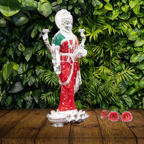 Divine Studio Pure Silver Plated Red & Green Dhan Laxmi Murti for Goodness, Beautiful and Detailed Laxmi Murti Ideal for Worship - Divine Laxmi Idol Symbolizing Prosperity and Wealth - Standing Lakshmi Devi Idol - 10 Inch