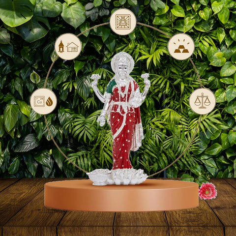 Divine Studio Pure Silver Plated Red & Green Dhan Laxmi Murti for Goodness, Beautiful and Detailed Laxmi Murti Ideal for Worship - Divine Laxmi Idol Symbolizing Prosperity and Wealth - Standing Lakshmi Devi Idol - 10 Inch