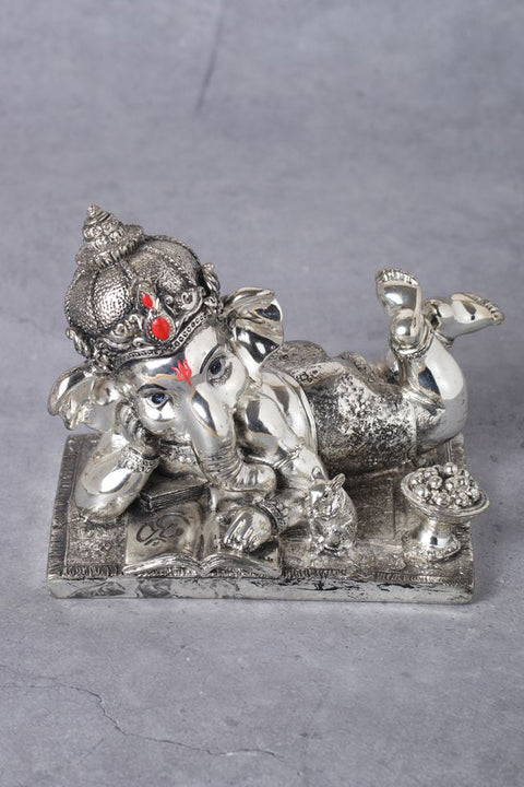 Divine Studio Pure Silver Plated Antique Finished Sleeping Ganesha with Right Trunk 5 inches