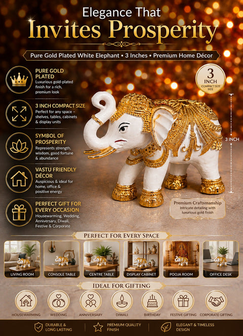 Divine Studio 3 Inches 24 Carat Gold Plated Designer Elephant for Home Décor (Pack of 2)