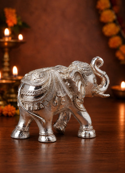 Divine Studio Antique 3 Inches Silver Plated Designer Elephant for Home Décor