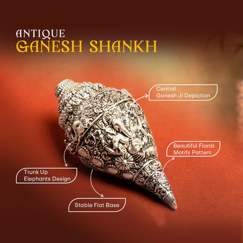 Divine Studio Pure Silver Plated Antique Ganesha Shankh (Conch) for Wealth, Prosperity and  Good Luck