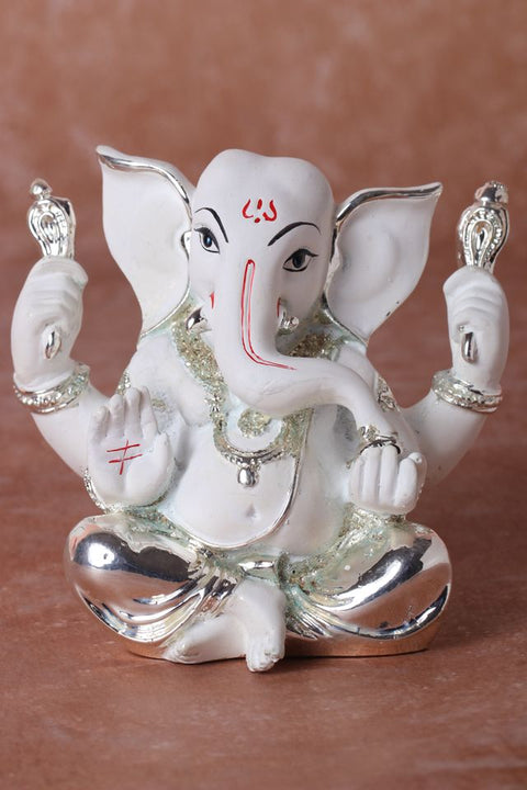 Divine Studio Pure Silver Plated White Big Ears 4 Hands Right Trunk 4 Inches Ganesha
