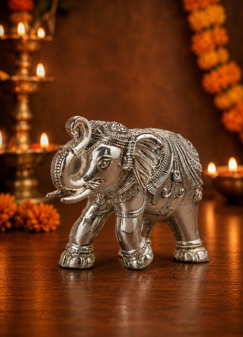 Divine Studio Antique 3 Inches Silver Plated Designer Elephant for Home Décor