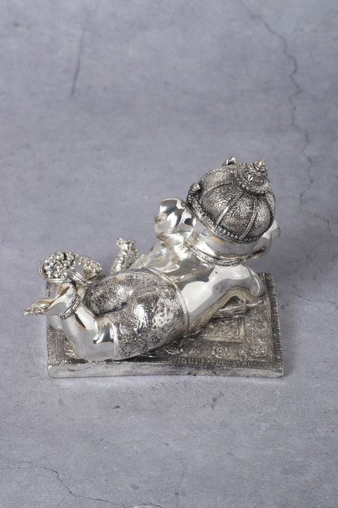 Divine Studio Pure Silver Plated Antique Finished Sleeping Ganesha with Right Trunk 5 inches
