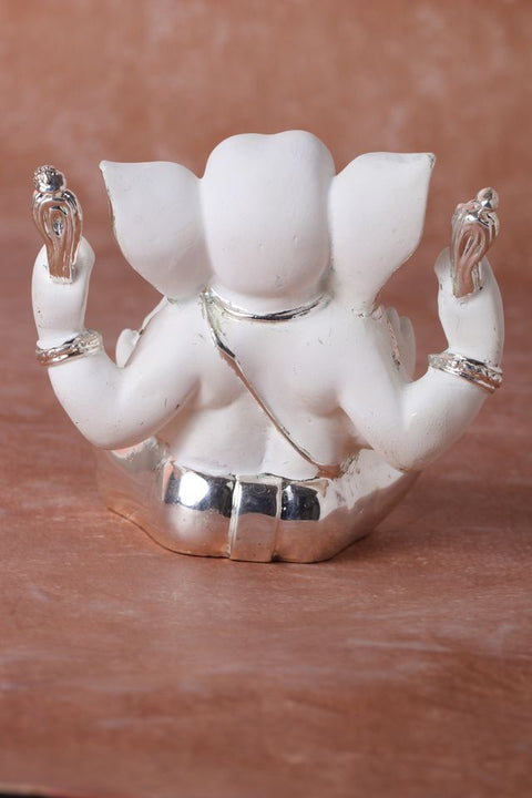 Divine Studio Pure Silver Plated White Big Ears 4 Hands Right Trunk 4 Inches Ganesha
