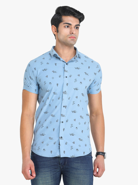 COLVYNHARRIS JEANS Printed Sky Blue Short Sleeve Casual Shirt