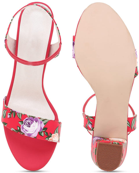 Funku Fashion Red Floral Print Heeled Sandals
