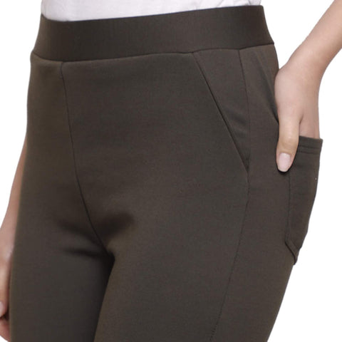 DECHEN Women Mid Waist Slim Fit Polyester Lycra Fabric Olive Tregging/ Legging/ Jeggings