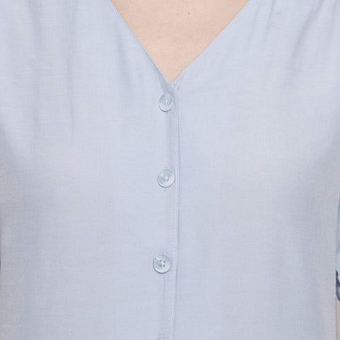 DECHEN Women Half Sleeve Regular Fit V-Neck Box Pocket Utility Dust Blue Shirt