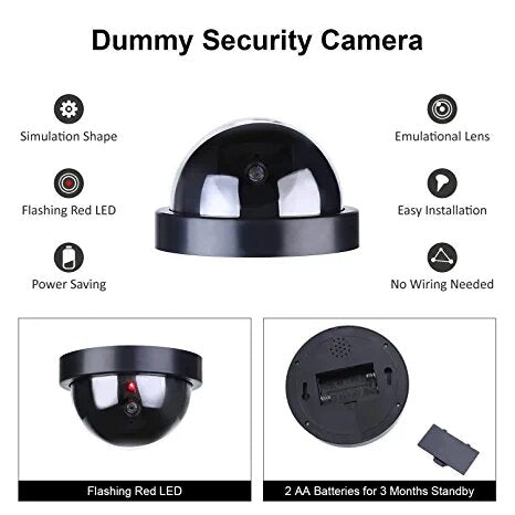 Outdoor Indoor Fake Dome Camera Black with CCTV Dummy Surveillance with Flashing Red LED Light