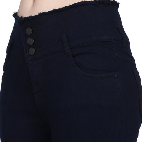 Plazma Jeans Womens Mid Waist Comfort Fit Boot Cut Carbon Blue Color Frayed Hem Jeans