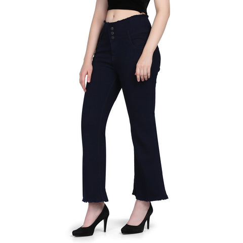 Plazma Jeans Womens Mid Waist Comfort Fit Boot Cut Carbon Blue Color Frayed Hem Jeans